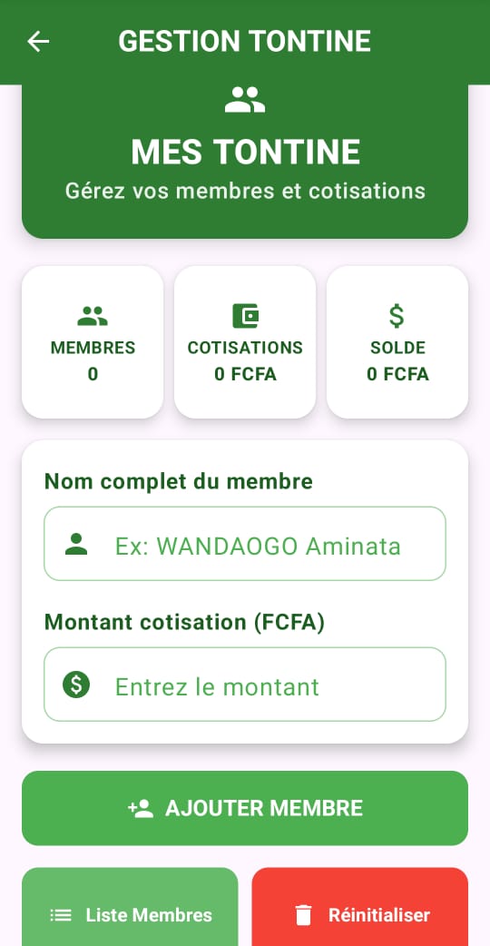 Interface Gestion de tontine